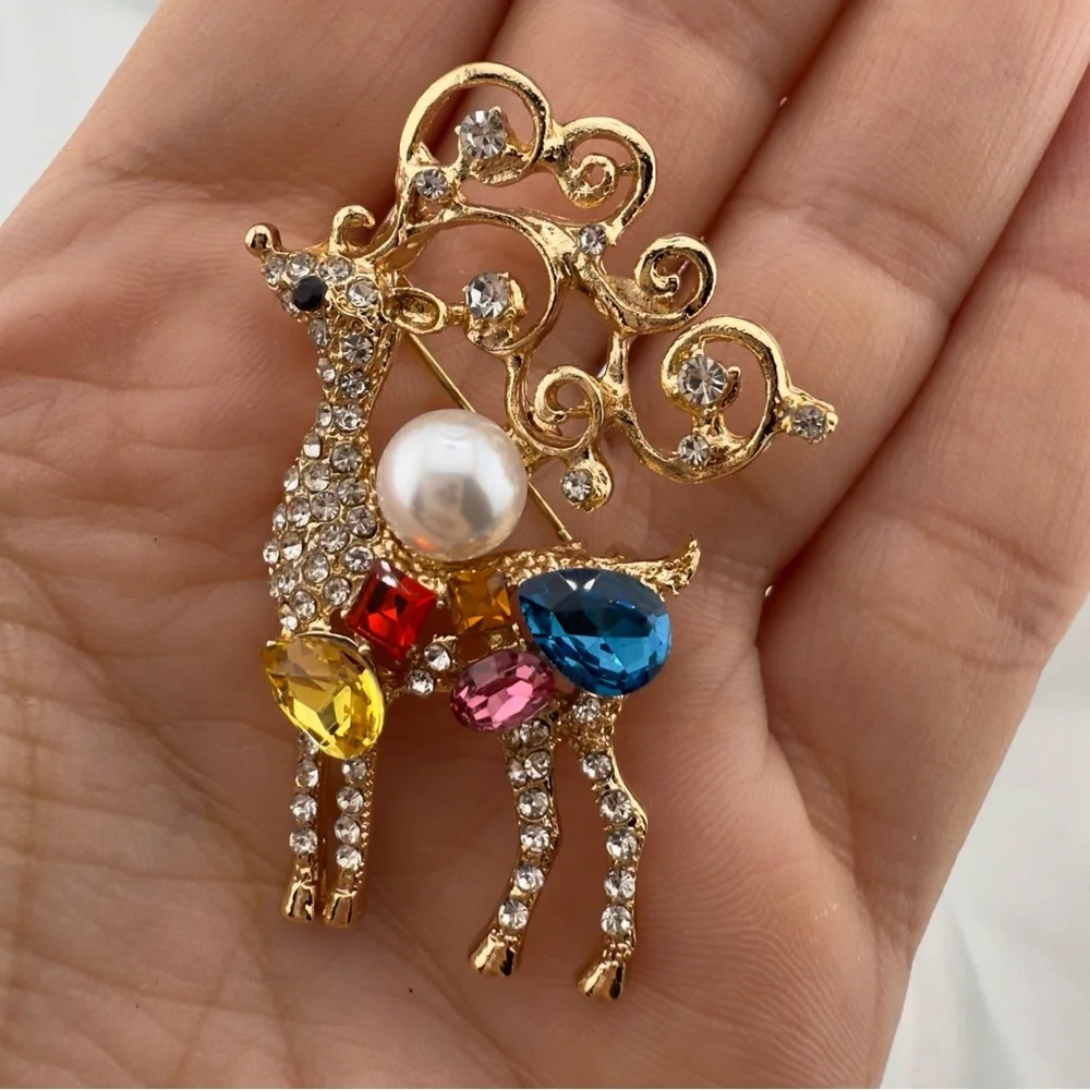 Betsey Johnson Elegant Gold Reindeer Brooch with Multicolor Gems